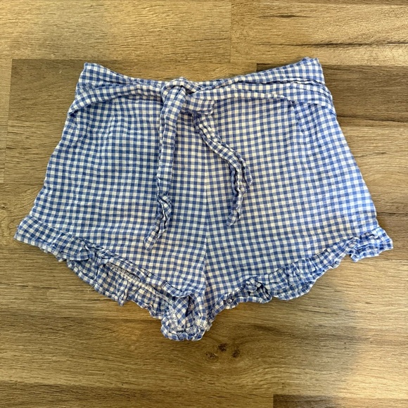 H&M Blue Gingham Women's High Waist Ribbon Ruffle Shorts sz 4 - Picture 2 of 8